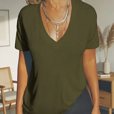 Sexy Deep V Neck Loose Fit T-Shirt, Plain Color Short Sleeve Top, Shoulder Drop Lazy Style, Slimming and Versatile, Must-Have for Trendy Girls
