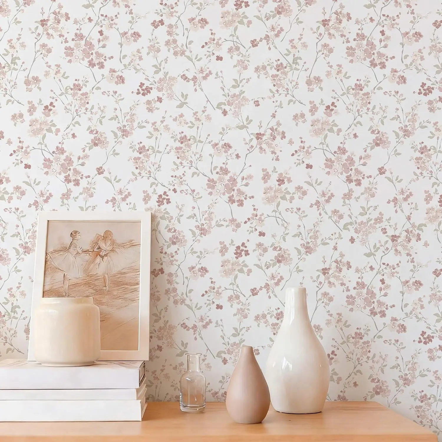 Peel and Stick Wallpaper for Nursery Pink Cherry Blossom Waterproof | 78.7"×17.3" Pink Floral Watercolor Wallpaper Gentle Accent Wall Decor with Grid Lines for Bedroom Vinyl Self-adhesive