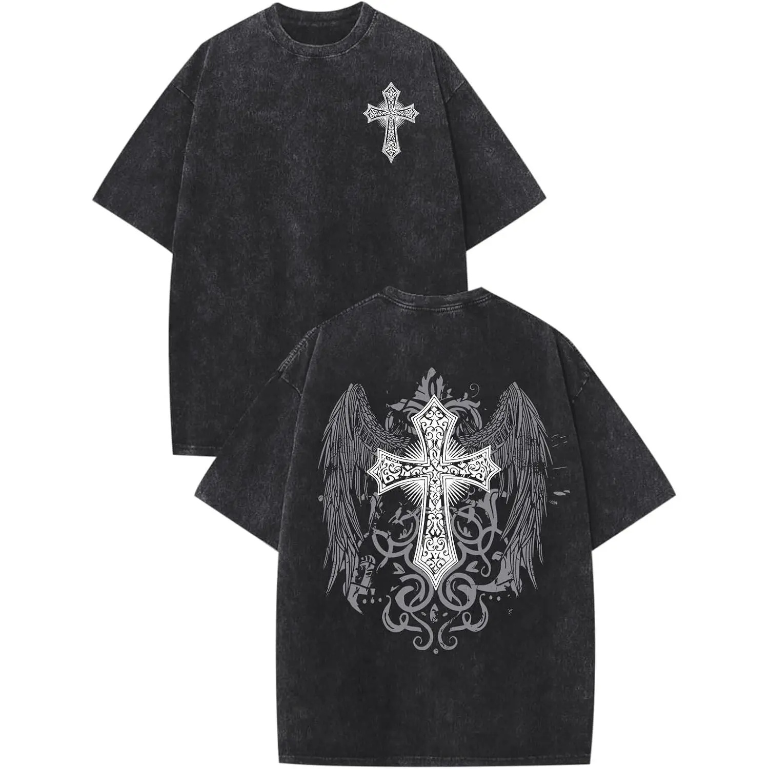 Women's Retro Gothic Cross Garment - Short-Sleeve Crewneck, Heavyweight Premium Cotton, Vintage/Acid Wash, Double-Sided Print (Angel Wings, Faith Slogan), Breathable Drape, Oversized Loose Casual Top, Ideal Gift, Shortsleeve