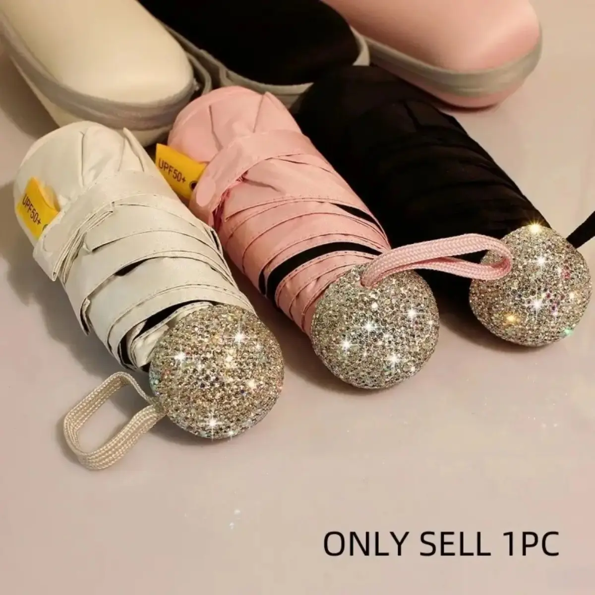Luxury Rhinestone Folding Umbrella for Students, Lightweight Daily Shade Accessory with UV Protection, Windproof & Waterproof - Pink, Black, Silver, Reliable Waterproof Performance, Artificial Rhinestones