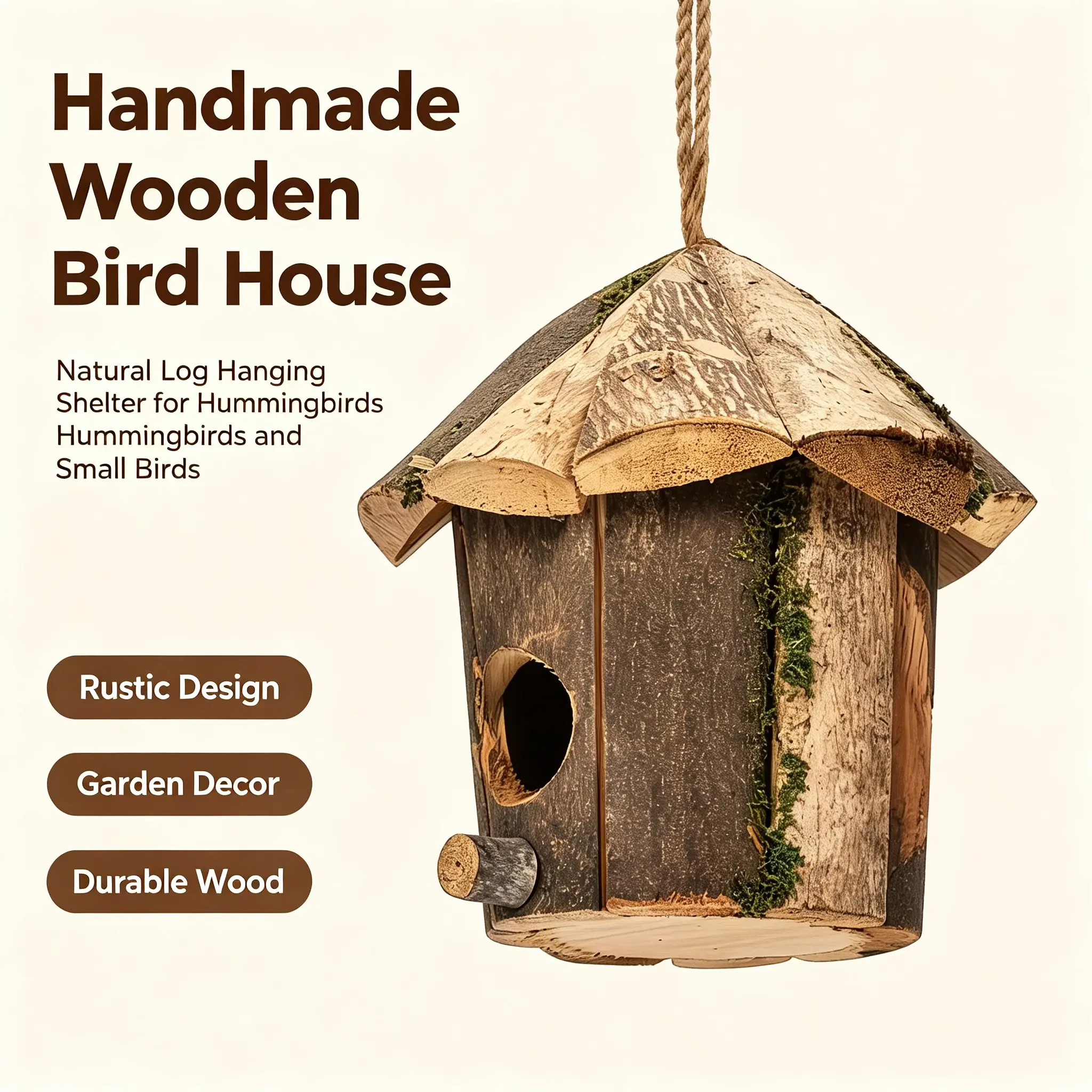Handmade Natural Wooden Bird House, Unique Hanging Log Ornament, Durable Outdoor Bird Shelter, Attracts Hummingbirds & Small Birds, Garden Decor