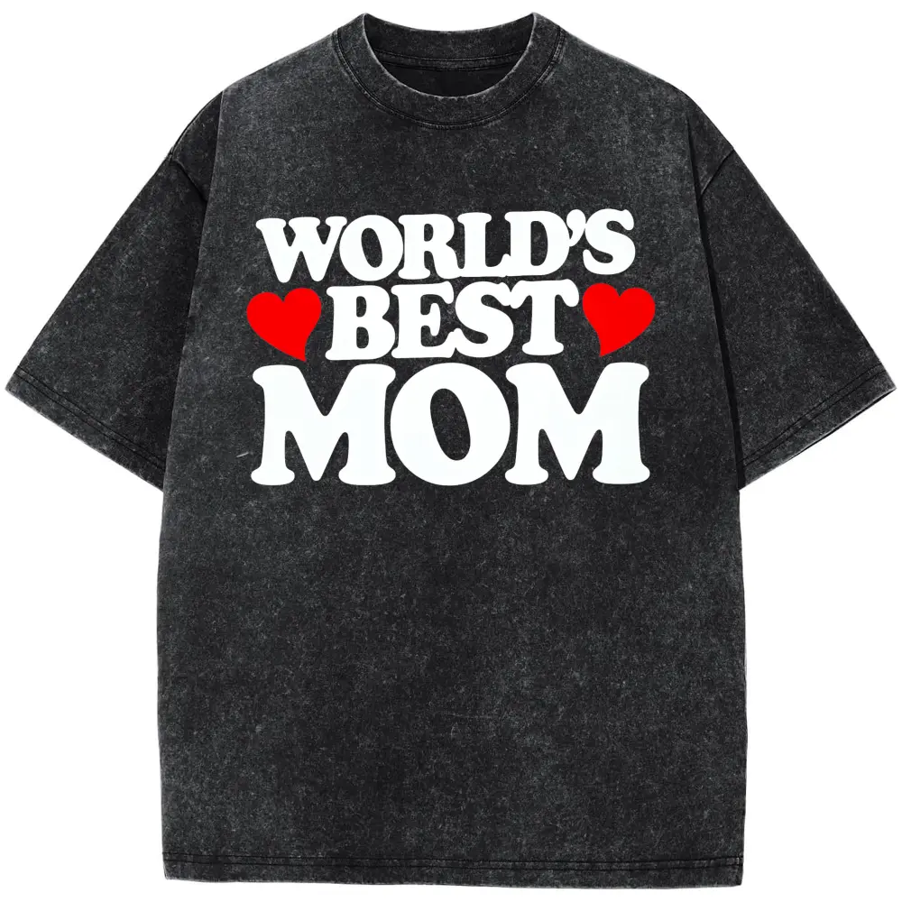 100% Cotton World's Best Mom T-Shirt | Cute Heart Graphic Tee – Perfect Mother’s Day Gift Idea For WomenPlus Size T-Shirt, Retro Fitness Heavyweight Washed T-Shirt, 100% Cotton