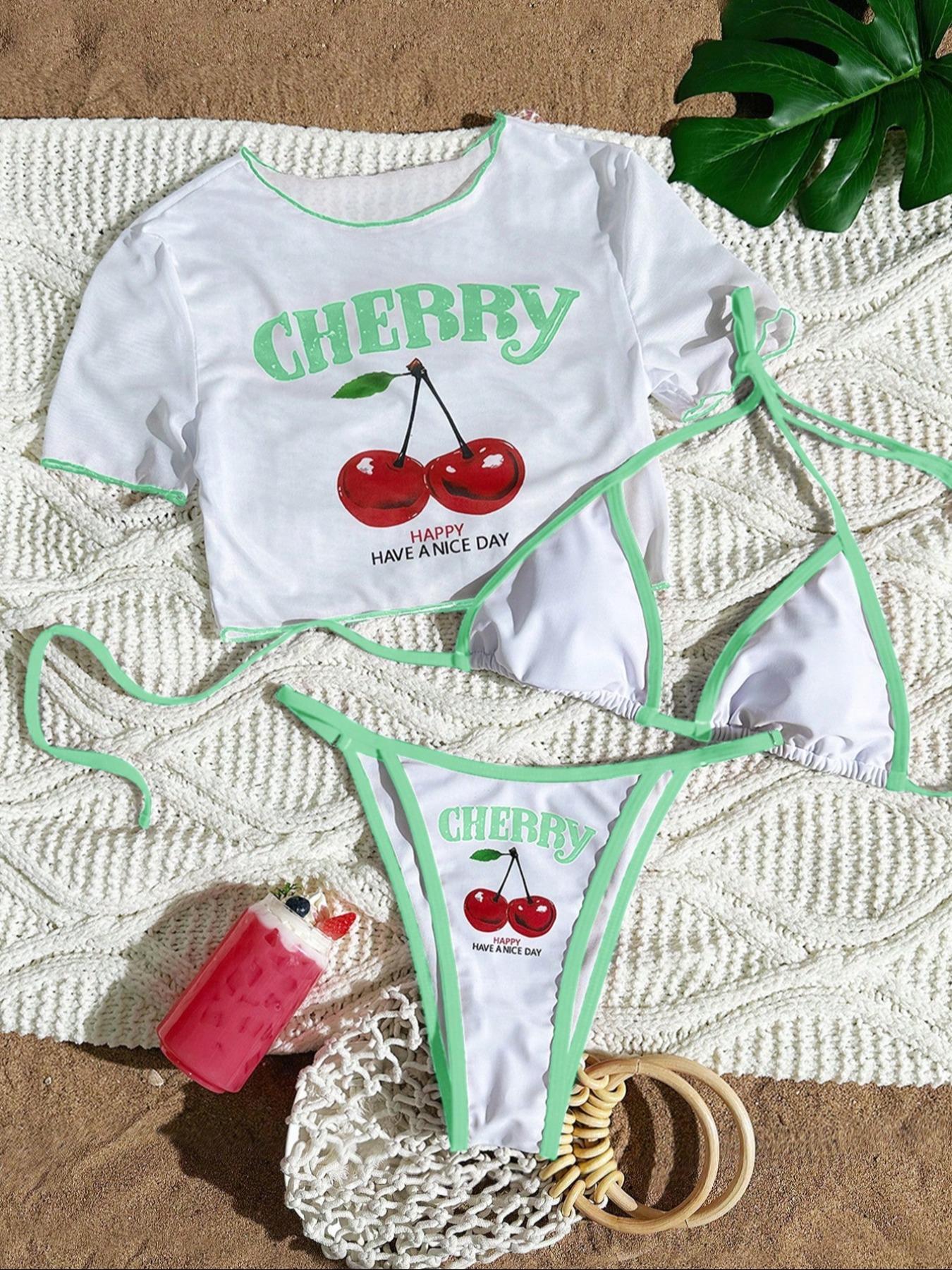 Women's Bikini Set Swimsuit Three-Piece Cherry Letter Print Mesh Chiffon Cover-Up, Perfect Summer Beachwear, Casual Fitted Style, All Seasons