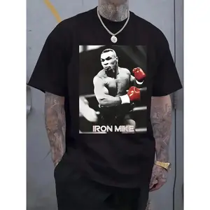 Men'S Boxing Graphic T-Shirt Featuring Red Gloves And 'Iron Mike' Print, Casual Short-Sleeve Tee for Spring, Summer, And Autumn, Designed for Comfort with a Round Neck, Plus Size Options Available for Year-Round Casual Wear.