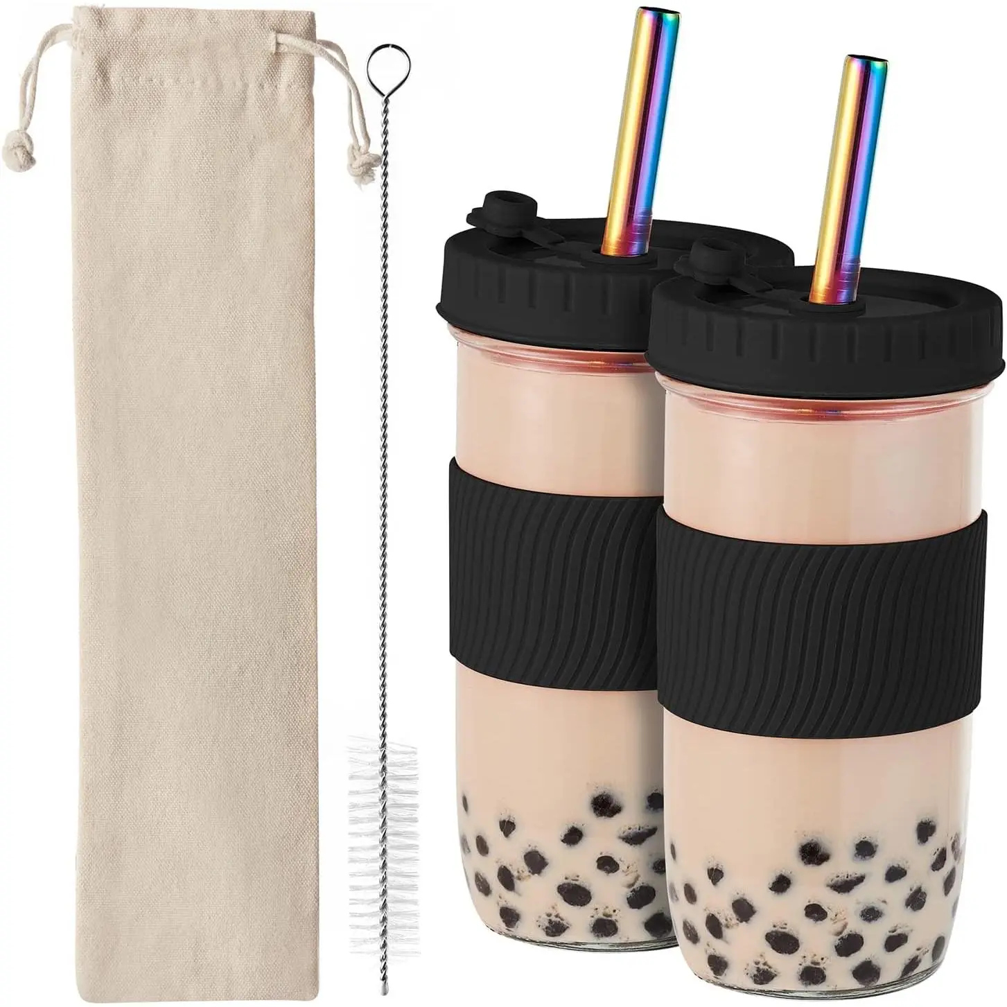 2 Pack Reusable Boba Cup,24Oz Wide Mouth Smoothie Cup,mason Jar Glass Cups with Lids and Straws,Bubble/Boba Tea Cups,Ice Coffee Tumbler 2 colored straws 1 sponge brush(Black)Gift.