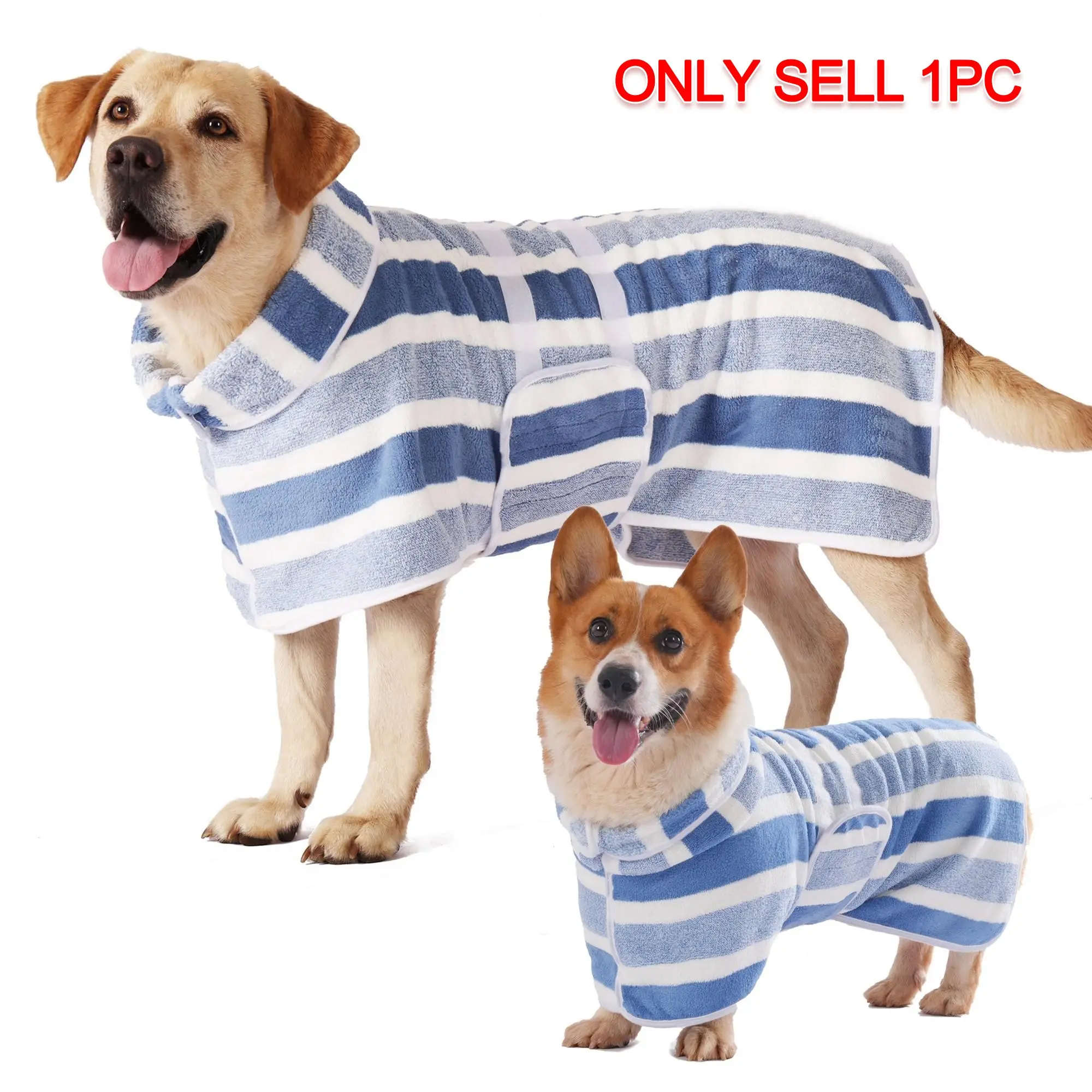 Quick-Dry Striped Dog Towel Robe, Super-Absorbent Pet Bathrobe with Adjustable Waistband and Ultra-Soft Fabric