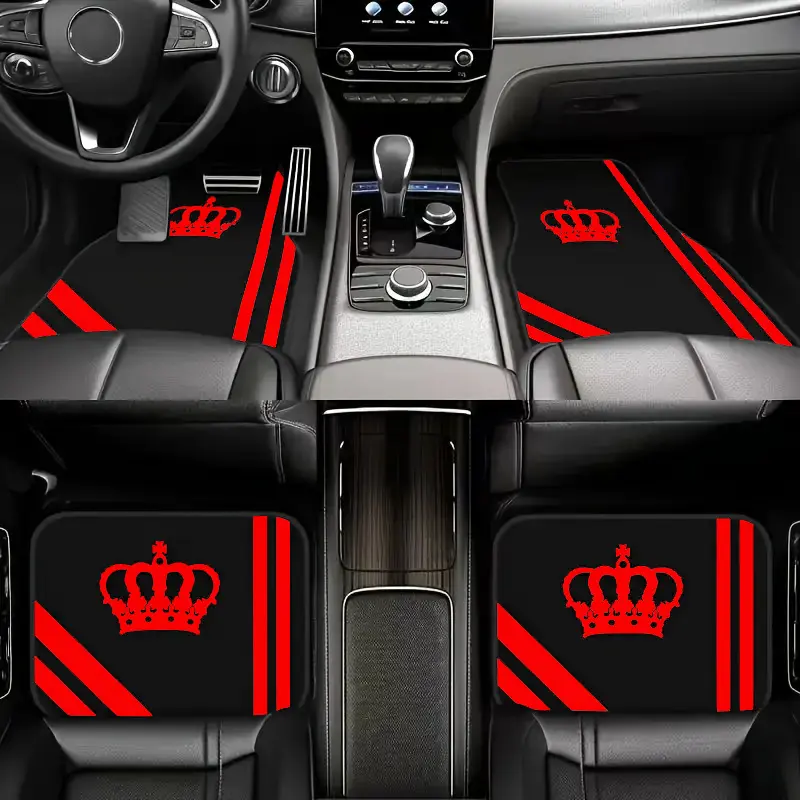 4pcs Minimalist Crown-Printed Crystal Velvet Car Floor Mats, Universal All-Encompassing Car Interior Accessories - Fit Sedan, Truck, SUV