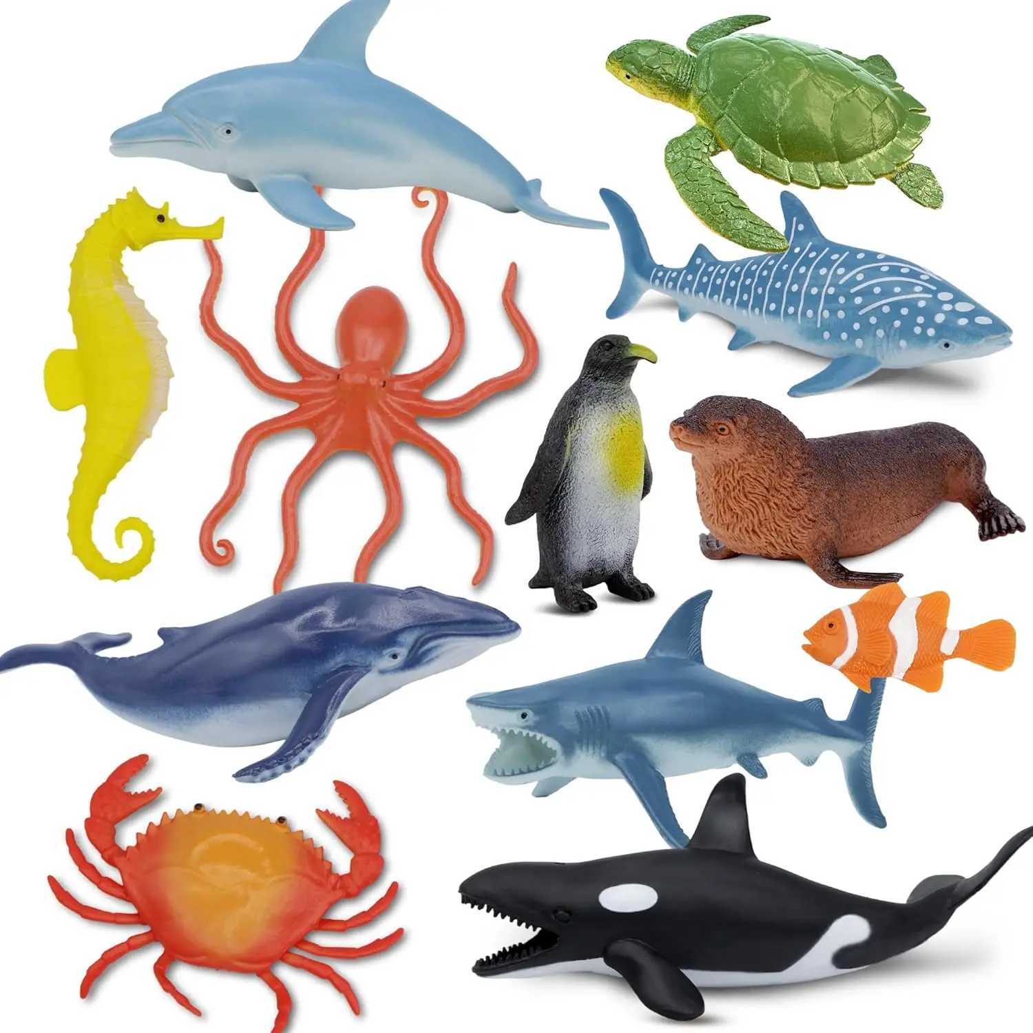 Realistic Marine Animal Figure Set for Kids, 12 PCS Sea Life Toys with Shark, Dolphin, Sea Turtle, Penguin, Seal, Clownfish, Crab - Educational Toddler Playset for Boys Girls