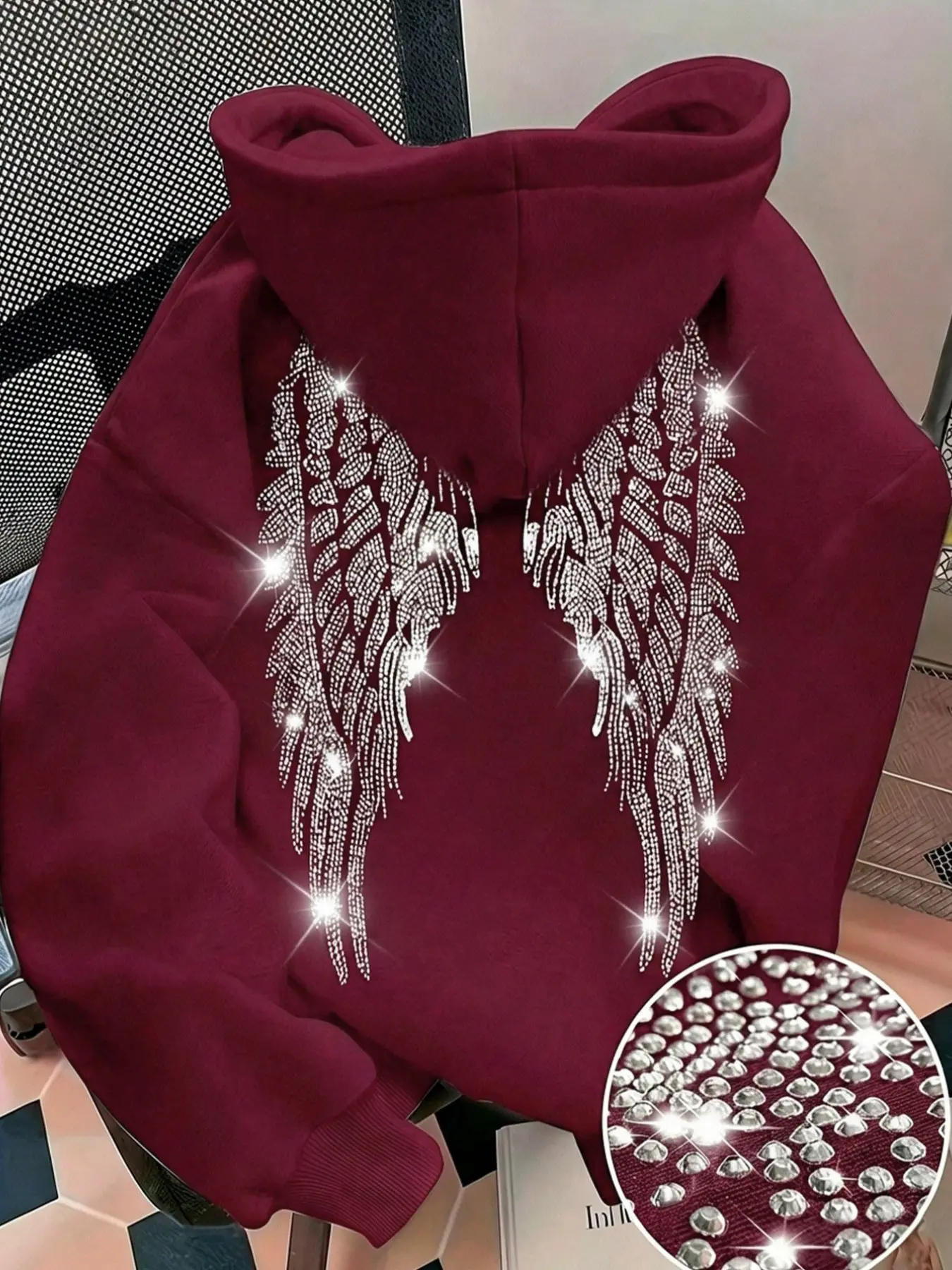 Women's Rhineston Glitter Wing Sequin Hoodie, Cute Casual Top, Fashion Drawstring Pocket Sweatshirt, Fall Winter Outerwear, Daily Holiday Wear