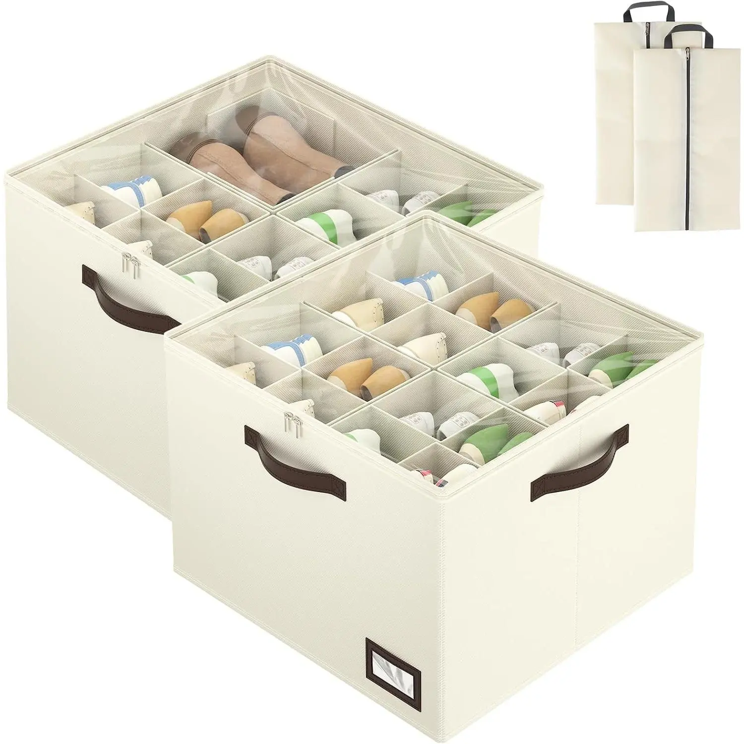 2 Pack Shoe Organizer for Closet, Large Foldable Shoe Storage Bins with Dividers and Reinforced Handles, Each Clear Cover Sneaker Box Fits Up to 16 Pairs for Entryway and Bedroom, Beige