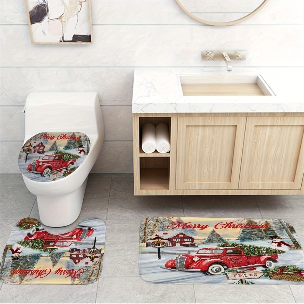 Christmas Themed Bathroom Decorations, 4 Counts/set Including Shower Curtain & Toilet U-shape Mat & Bath Mat & Toilet Lid Cover, Bathroom Accessories