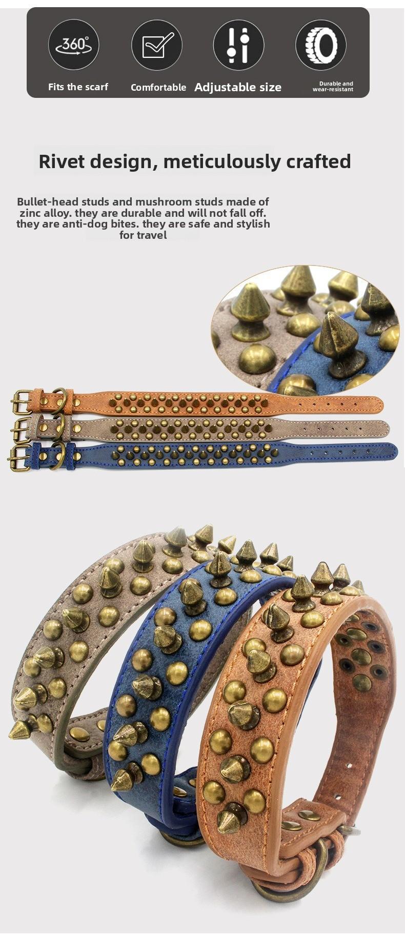 Spiked Leather Dog Collar, Heavy Duty Anti Chew Adjustable Dog Collar with Metal Buckle for Medium to Large Dogs, Punk Style Pet Collar for Walking Training