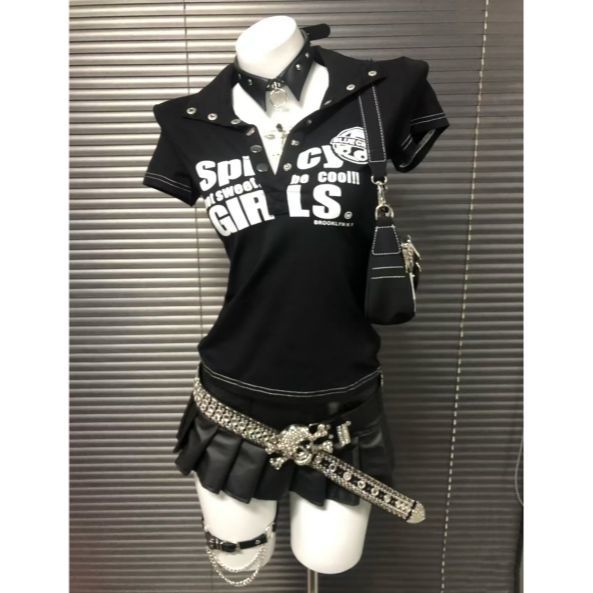 Y2k Polo Collar Slim Goth Sexy Crop Top Letter Print Punk Woman