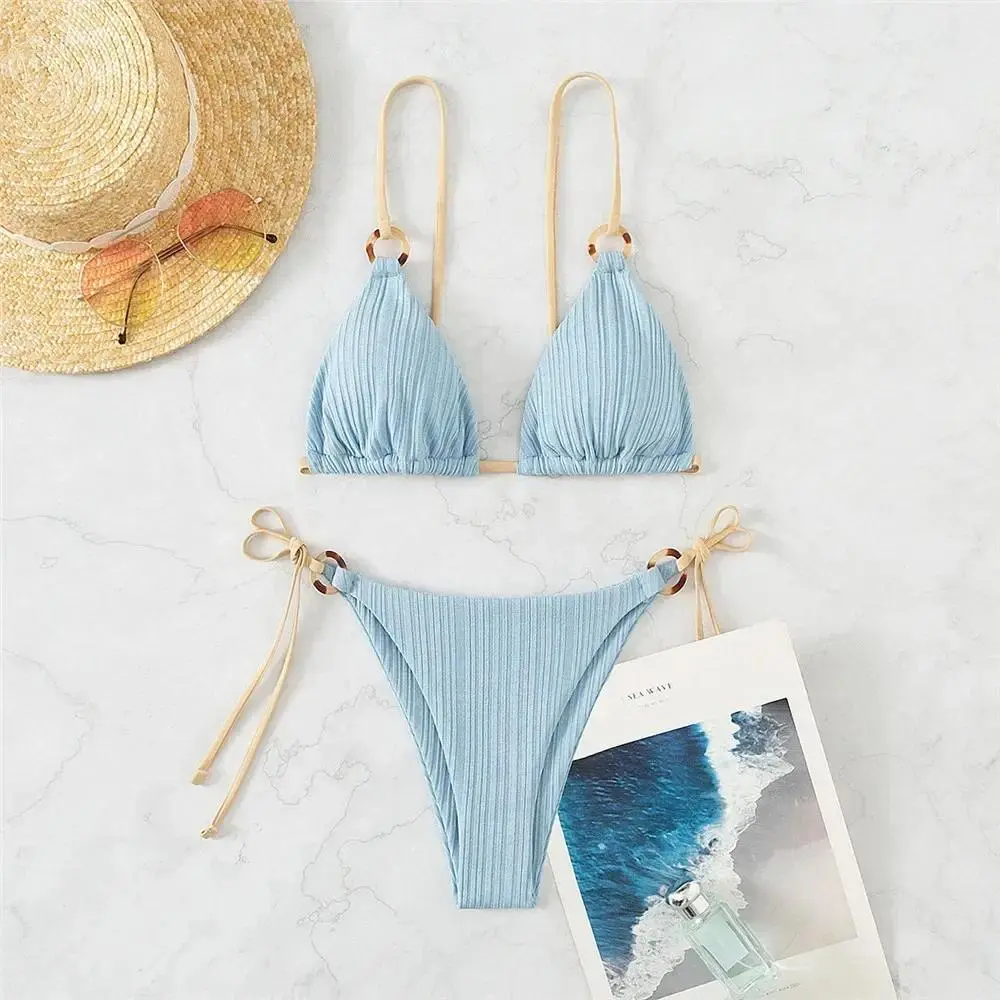 Women's Light Blue Ribbed Cut String Low Matching Bikini Set 2026 - Brazilian Micro Thong Swimwear with Ring Detail, Quick Dry, Water-Resistant, Anti-Odour, Breathable, Stretch, Cheeky, Low Rise, Cold Wash Compatible, Low Bikini Sets, Matching Bikini Sets