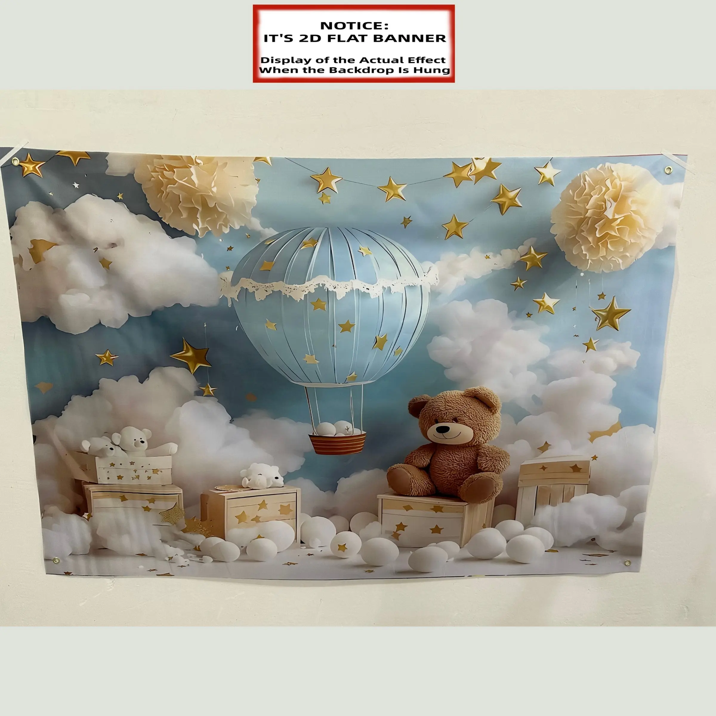 2D Flat Banner, 1pc hot air balloon bear background blue sky and clouds starry sky for shower parties, holidays, birthdays, Party Background Decoration, vinyl photography background, Shimmer Wall Backdrop, Wall Decor Banner, Decoration Banners
