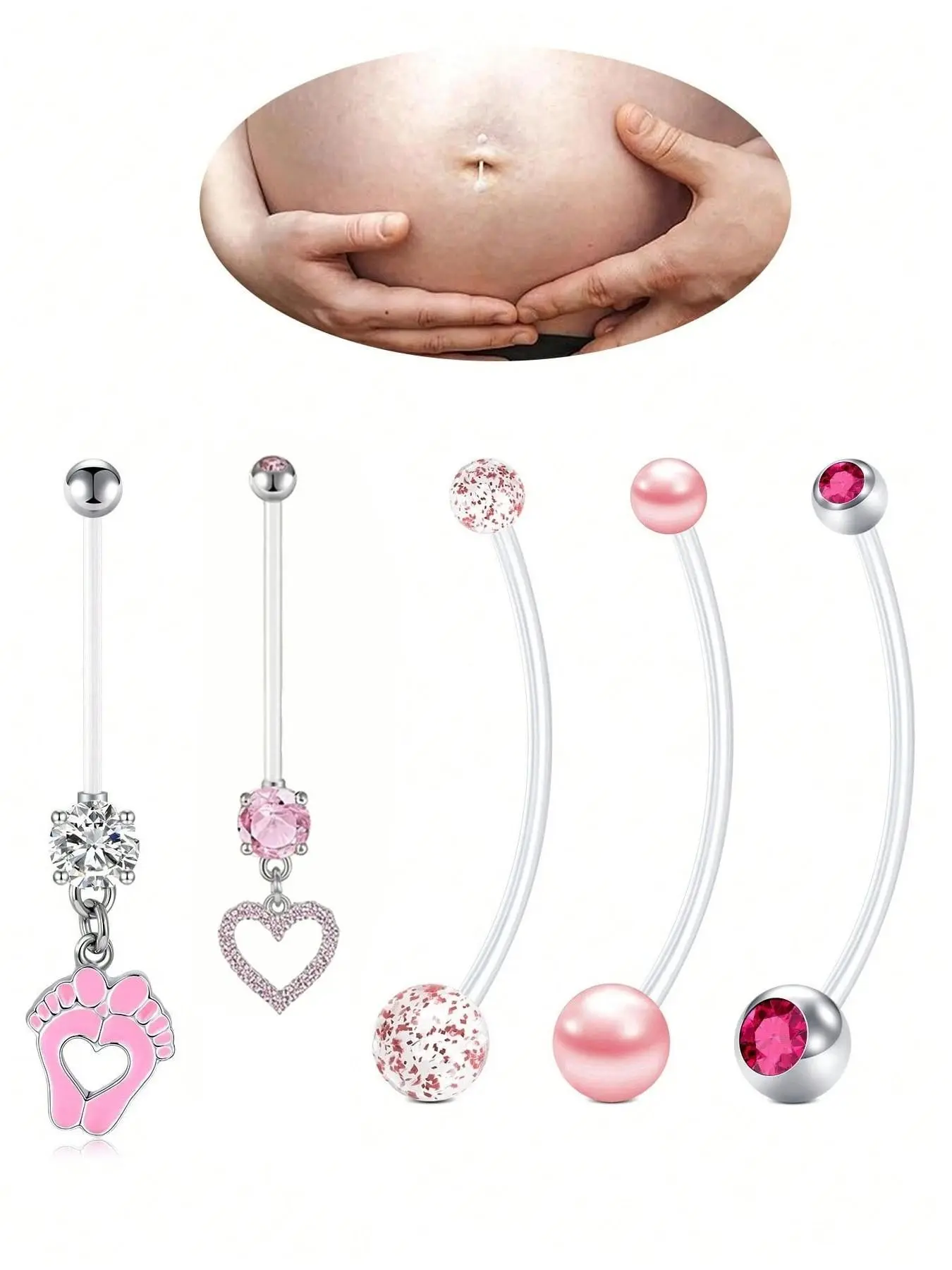 Pregnancy Belly Button Ring Set, 5pcs 14g Flexible Clear Acrylic Navel Piercing Jewelry, Maternity Belly Button Rings, Maternity Safe Design, 25-38mm Sizes