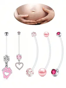 Pregnancy Belly Button Ring Set, 5pcs 14g Flexible Clear Acrylic Navel Piercing Jewelry, Maternity Belly Button Rings, Maternity Safe Design, 25-38mm Sizes