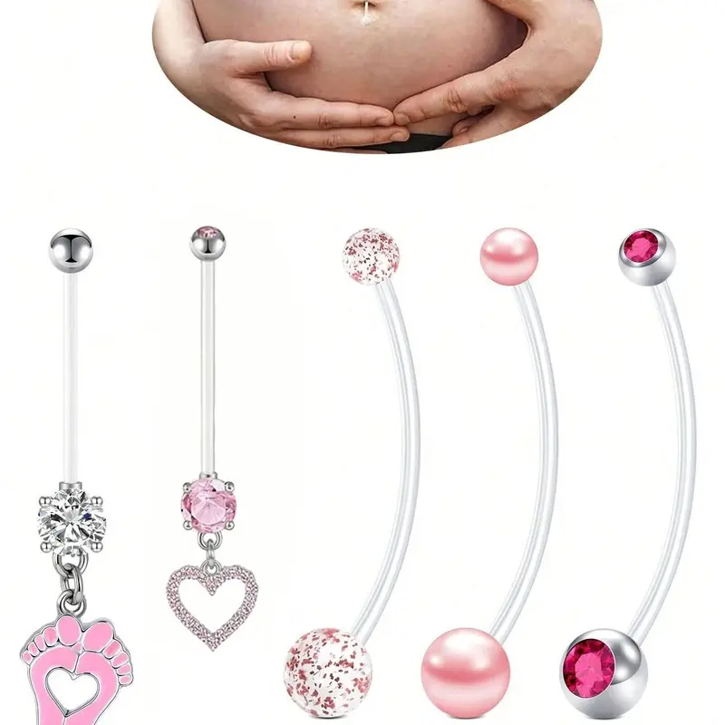 Pregnancy Belly Button Ring Set, 5pcs 14g Flexible Clear Acrylic Navel Piercing Body Jewelry, Maternity Belly Button Rings, Maternity Safe Design, 25-38mm Sizes