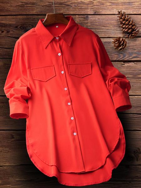Women's Plain Button Front Split Hem Shirt Blouse, Casual Long Sleeve Collared Top for Spring & Fall, Summer Outfits 2024, Women's Clothing for Daily Wear