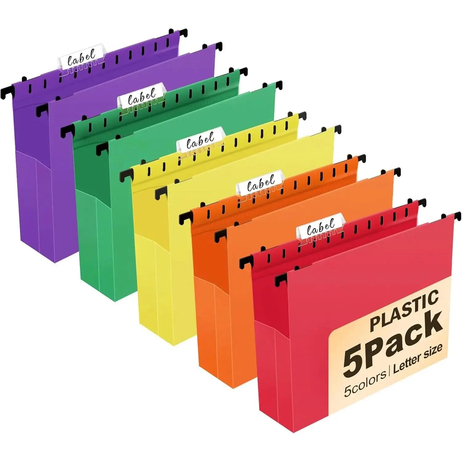 5 Pack Heavy Duty Plastic Hanging File Folders, Letter Size | Water-Resistant & Durable, 2" Expandable Pockets, Adjustable Hanging Hooks, 5 Assorted Colors, Ideal for Home & Office