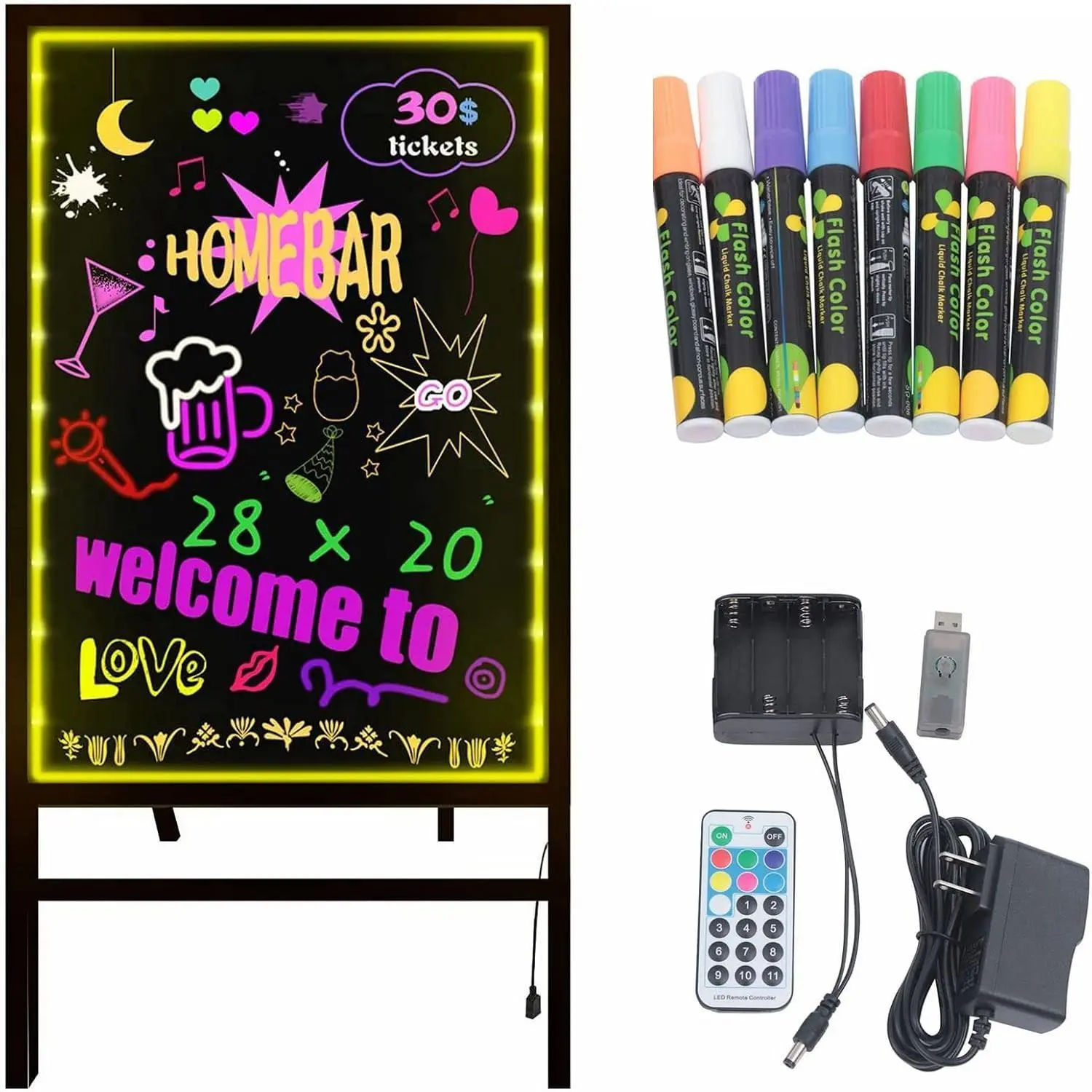 LED Message Writing Board with Stand - Self-Standing LED Signs - Shops Stores Bars Restaurants Menu DIY Drawing Painting Board with Adjustable Height,Battery Operated,Marker
