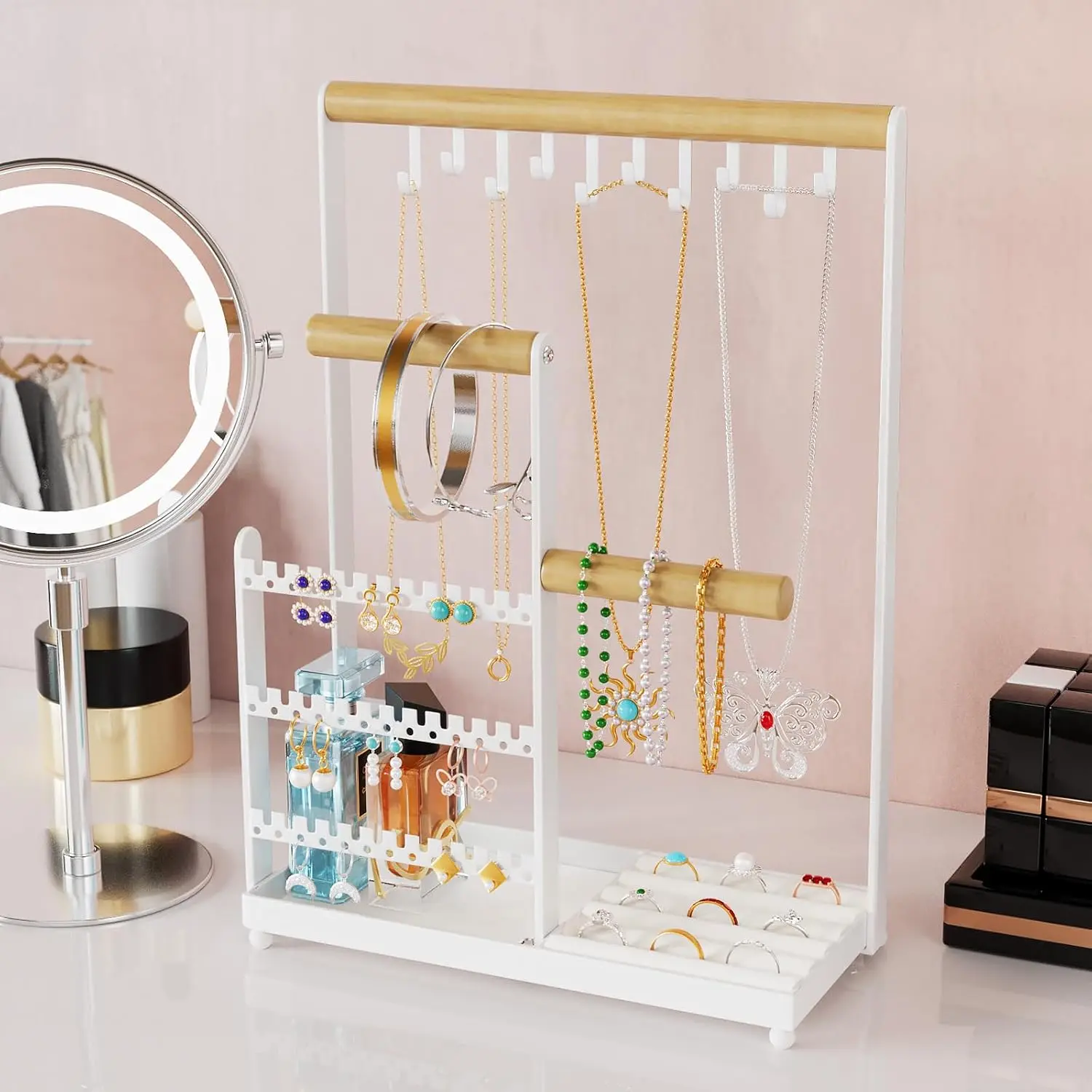Velvet Jewelry Holder Organizer Stand - 36-Hole Earring Holder, 10-Hook Necklace & Bracelet Organizer, Ring Dish, Clear Decor Piece for Perfume Display, Birthday Gift for Women Mom