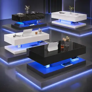 39.4"/47.2" Lift‑Top Coffee Table with LED Lights & Charging Station, High‑Glossy Living Room Table with Hidden Storage Compartment