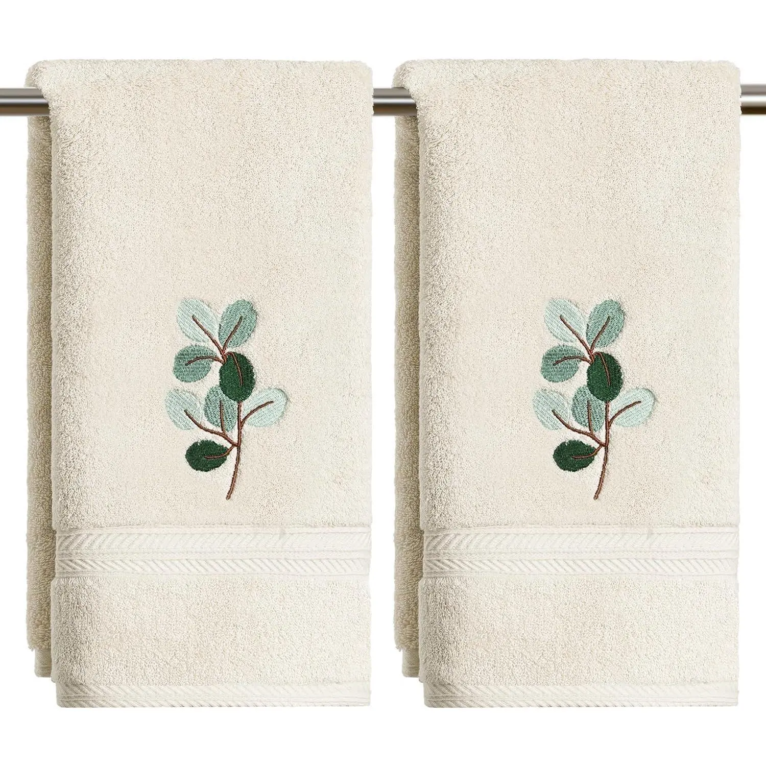 Artoid Mode 2 Pcs Beige Eucalyptus Leaves Embroidered Hand Towels for Bathroom, Cotton Soft Absorbent Farmhouse Decor Towels, 13.7 x 29.5 Inch