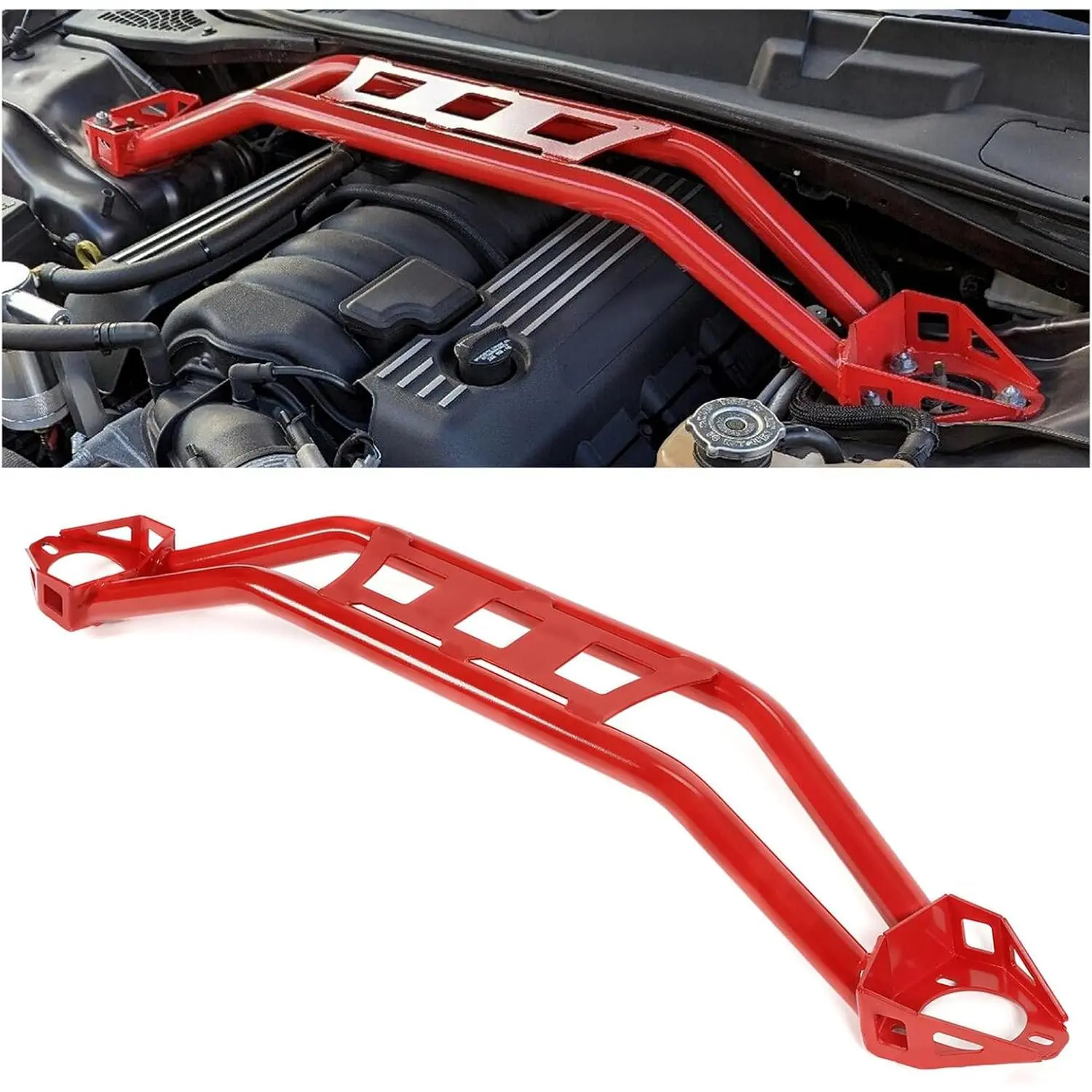 KQQIO Front Strut Tower Brace - Steel Stiffener for 2008-2023 Dodge Challenger, Twin-Tube Design, Red Powder Coat, Enhances Vehicle Stability, St