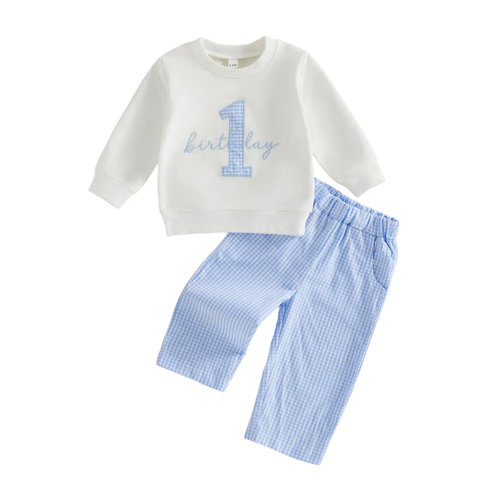 Baby Boy 1st Birthday Outfits Number Letter Embroidery Crew Neck Long Sleeve Sweatshirt and Plaid Pants 2 Piece Set