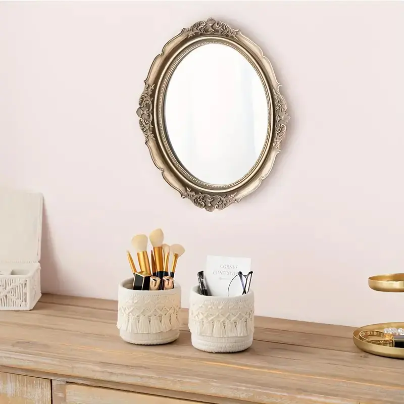 Desktop Storage Basket for Cosmetics, Makeup Brushes & Small Items – Round Woven Vanity Organizer, Decorative Desk Catchall for Women, Boho Rustic Bedroom & Bathroom Decor