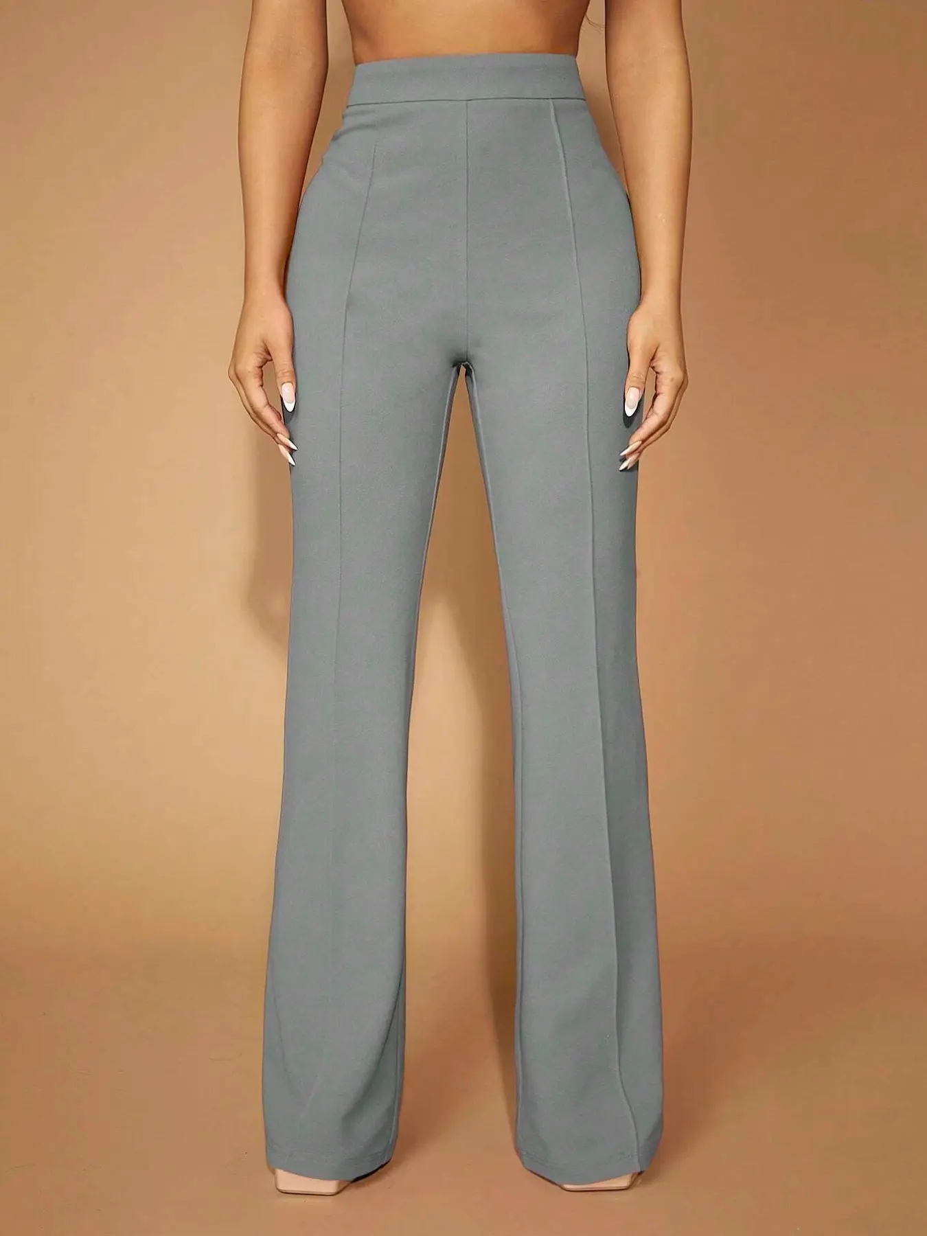 High-Waisted Flowy Micro Flare Suit Pants for Women, Slimming Fit Straight Leg Casual Long Trousers, Solid Plain Color Office Wear Boho Style Bottom