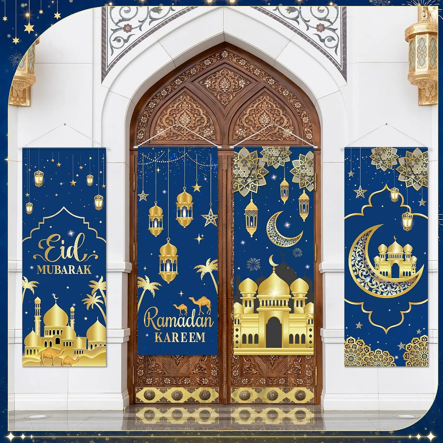 4 count Ramadan Mubarak Porch Sign Banners Blue  Eid Mubarak Decorations Muslim Ramadan Kareem Door Banner Backdrop for  Doorway Indoor Outdoor Wall  Decor