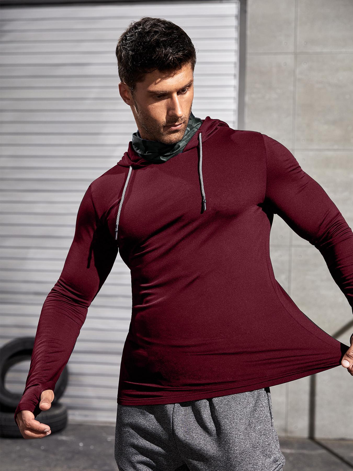 Men's Slim Letter Print Thumb Hole Long Sleeve Sports Rashguard, Casual Drawstring Hooded Sports Top for Spring & Fall, Men's Sportswear Clothing for Daily Wear, National Day Offers Men's Slim Letter Print Thumb Hole Long Sleeve Sports Rashguard, Casual Drawstring Hooded Sports Top for Spring & Fall, Men's Sportswear Clothing for Daily Wear, National Day Offers