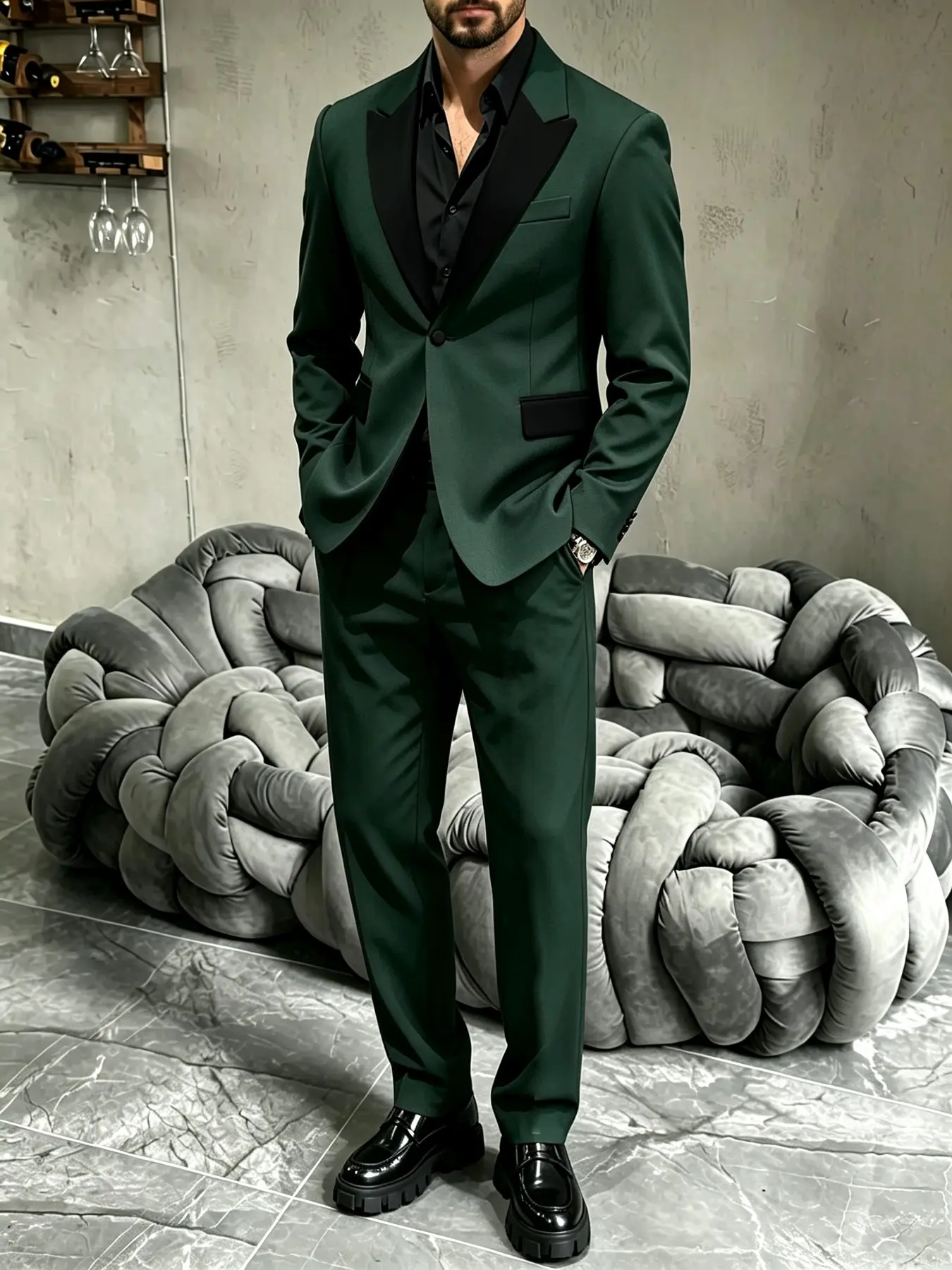 Men's Dark Blazer and Pants Set, Colorblock Lapel Design, Fashionable Casual Suit, Multiple Sizes Available, Essential for Weddings, Formal