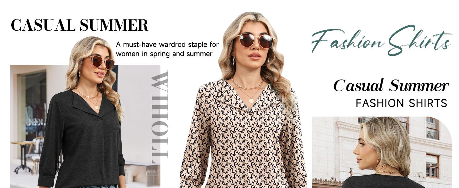 WIHOLL 3/4 Length Sleeve Womens Tops Dressy Casual Blouses Summer Spring Trendy Business Outfits Fashion Clothing WIHOLL 3/4 Length Sleeve Womens Tops Dressy Casual Blouses Summer Spring Trendy Business Outfits Fashion Clothing