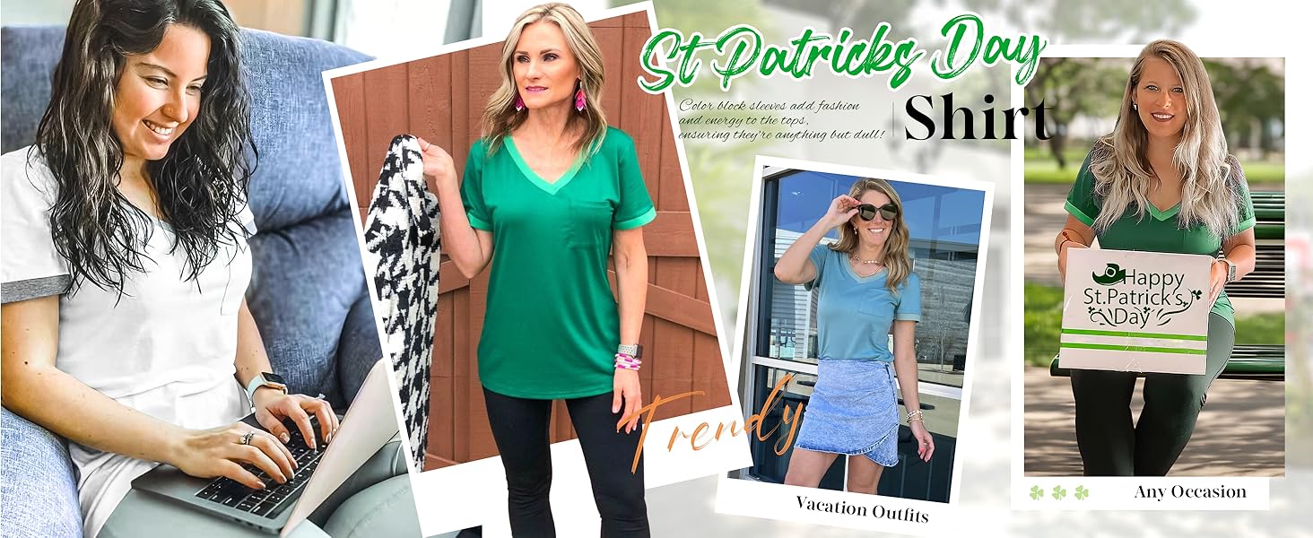 OFEEFAN Womens T Shirts Short Sleeve V Neck Loose Casual Summer Tops with Pocket Womenswear Vneck