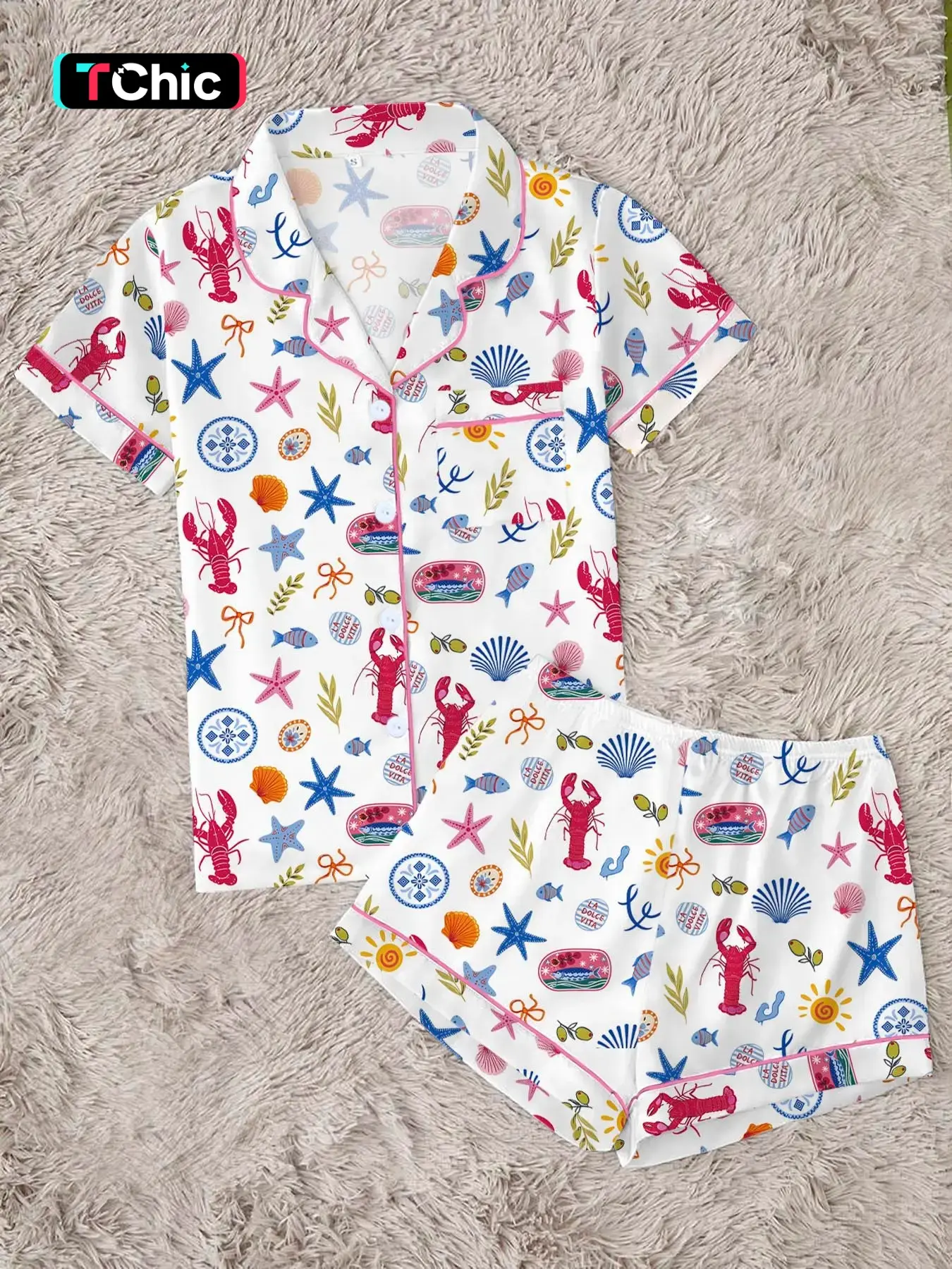 Women's Nautical Seashell & Starfish Print Pajama Set, Short Sleeve Button Down 2-Piece Loungewear, Cute Blue Ocean Themed Sleepwear with Bow Details，Cute Ocean Vibe Sleepwear for Summer， Sleepwear for Lazy Days, Pajamas Sets