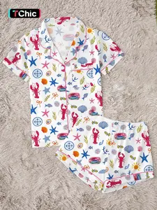 Women's Nautical Seashell & Starfish Print Pajama Set, Short Sleeve Button Down 2-Piece Loungewear, Cute Blue Ocean Themed Sleepwear with Bow Details，Cute Ocean Vibe Sleepwear for Summer， Sleepwear for Lazy Days, Pajamas Sets