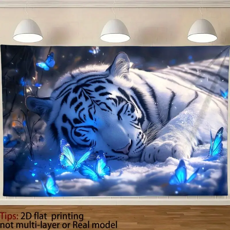 1pc Synthetic White Tiger & Blue Butterflies Tapestry - Handmade Wall Decor for Indoor Living Rooms, Bedrooms, Ideal for Animals/Insects Themed Decorating, Table, Animal Aesthetic