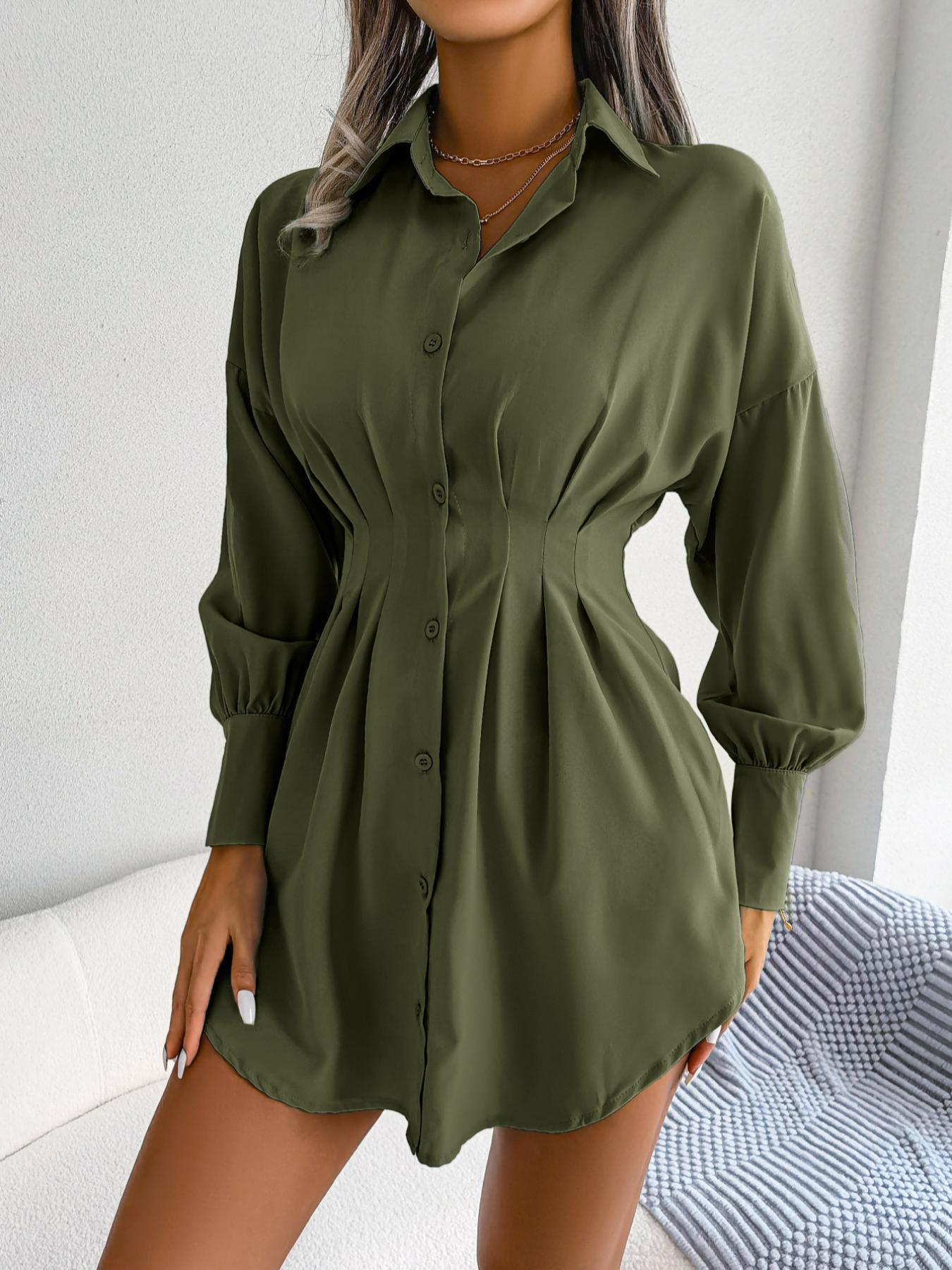 Women's Solid Curved Hem Ruched Button Front Shirt Dress, Casual Comfy Chic Drop Shoulder Long Sleeve Short Dress for Spring & Fall, Women's Clothes, Lady Casual Wear