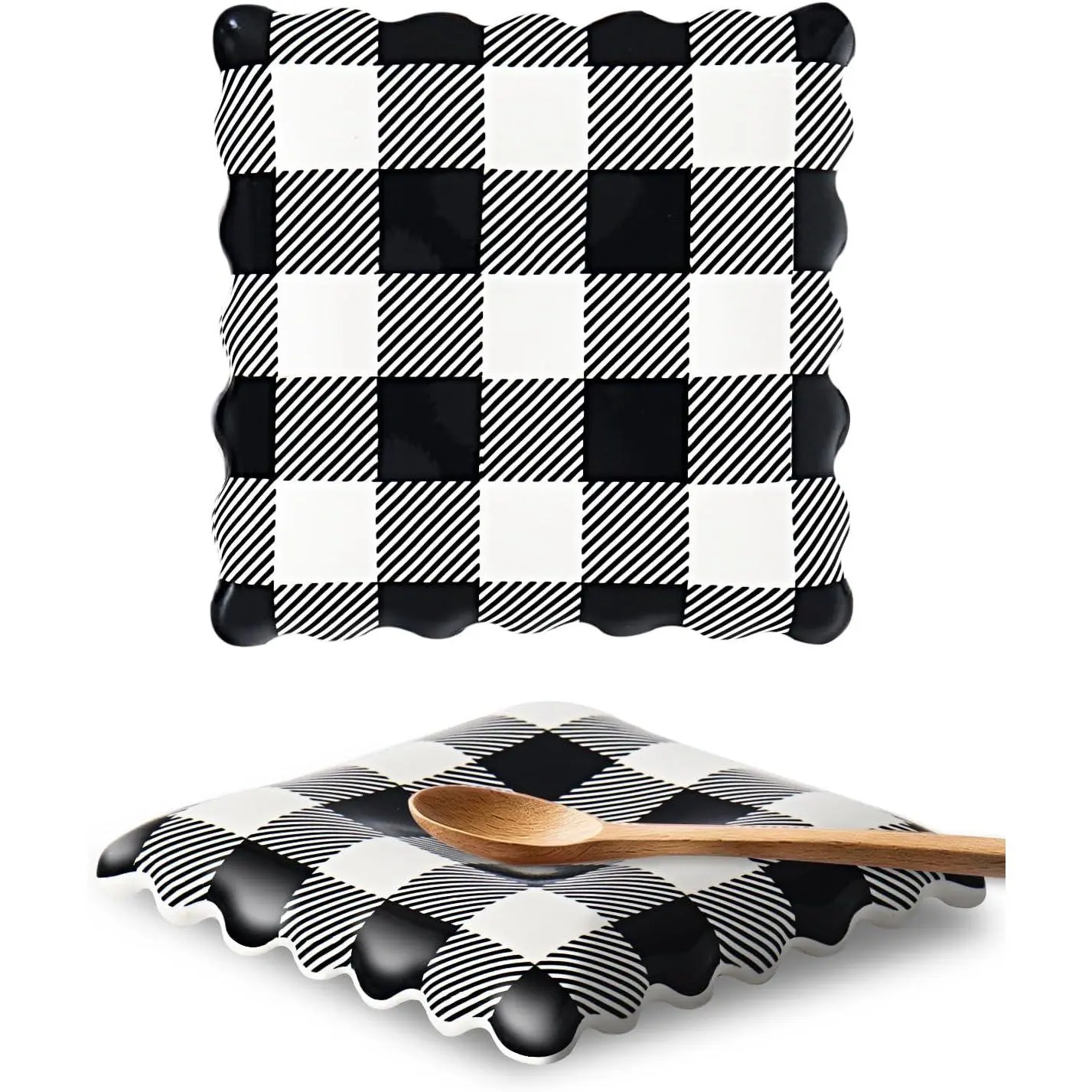 Ceramic Spoon Rest, Coffee Spoon Rest for Stove Top, Black Gingham| Spoon Holder for Stove, Checkered Kitchen Decor, Coffee Station Accessories