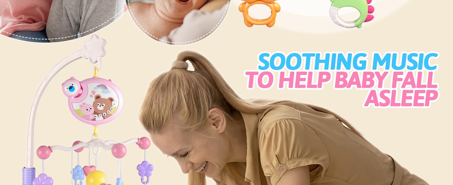 Crib Mobile with Music and Lights, Baby Mobiles for Cribs, Nursery Musical Mobile for Bassinets Toys Hanging Girls Boys, Pack and Play Space Portable Animal Mobile Hanger Arm Clip On Attachment