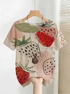 Elegant Women's Cartoon Strawberry Print V-Neck Sweater, Casual Short Sleeve Knit Top, Breathable Fashion for All Seasons