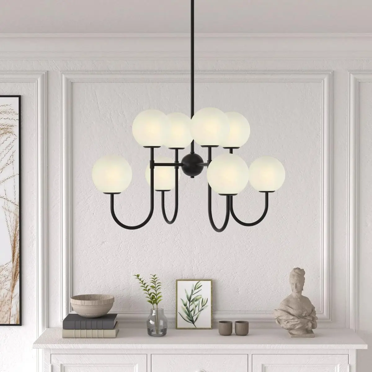 8-Light Sputnik Chandeliers for Kitchen Island, Mid-Century Black Ceiling Light Fixture with Cloud Glass Shades, Matte Black Globe Chandelier for Dining Room, Living Room, Bedroom