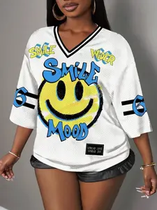 Streetwear Hip-Hop Sporty Loose Mesh V-Neck Retro Doll Drop Shoulder Short Sleeve T-Shirt, Women's Y2K Casual Fashion Top