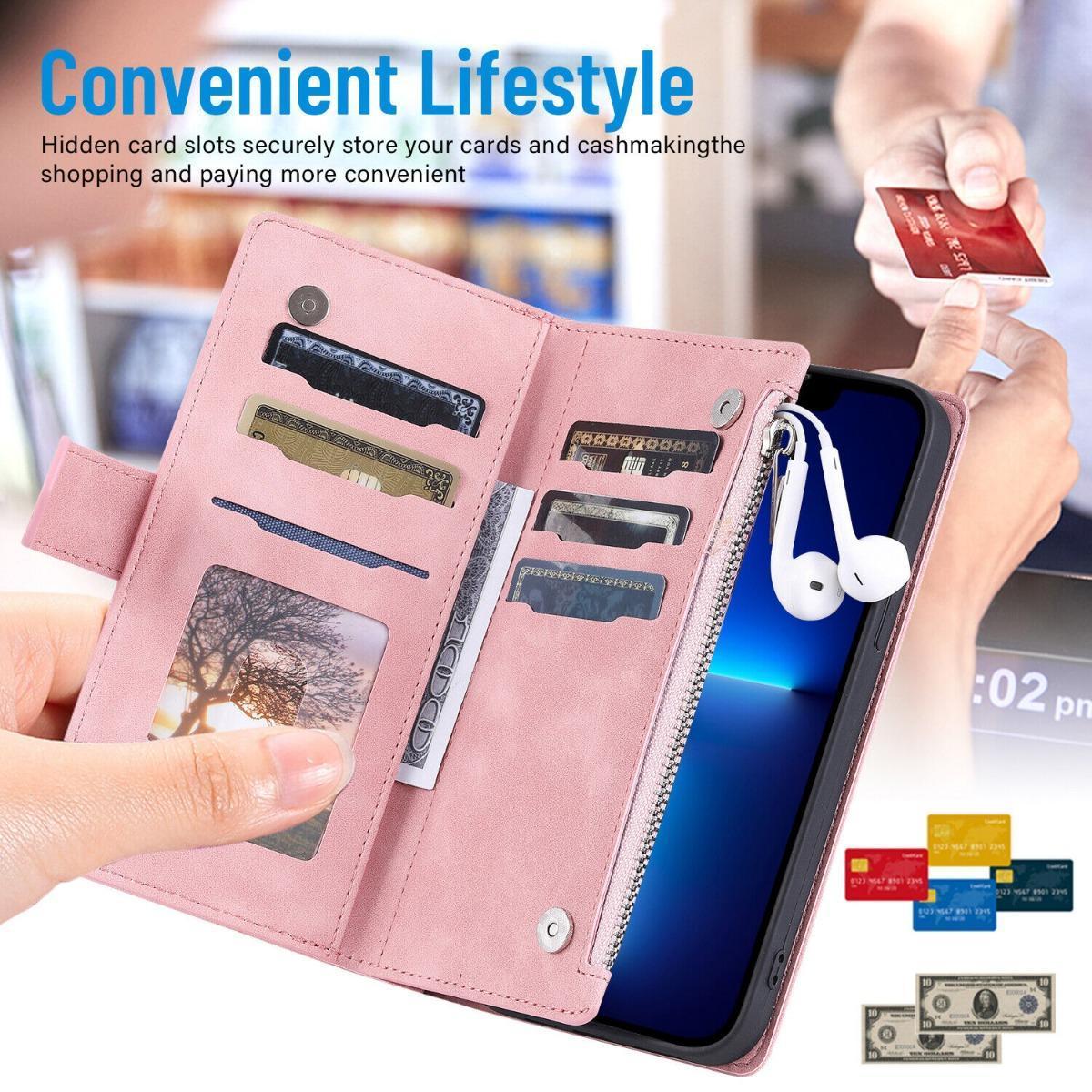 Crossbody Wallet Case For iPhone 17 16 Pro Max 15 14 Plus 13 12 Leather Phone Case with Card Holder Kickstand & Wrist Strap Cover Magnetic Closure Flip Handbag Zipper Purse Shell for Women