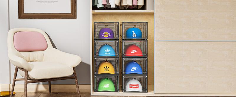 Hat Organizer Box, 6 Boxes for 40 Pack Hats, Upgrade Harder Solid Plastic Hat Organizer for Baseball Caps, Clear Hat Storage with Magnetic Door, Hat Rack, Hat Holder, Hat Case, Hat Box, White