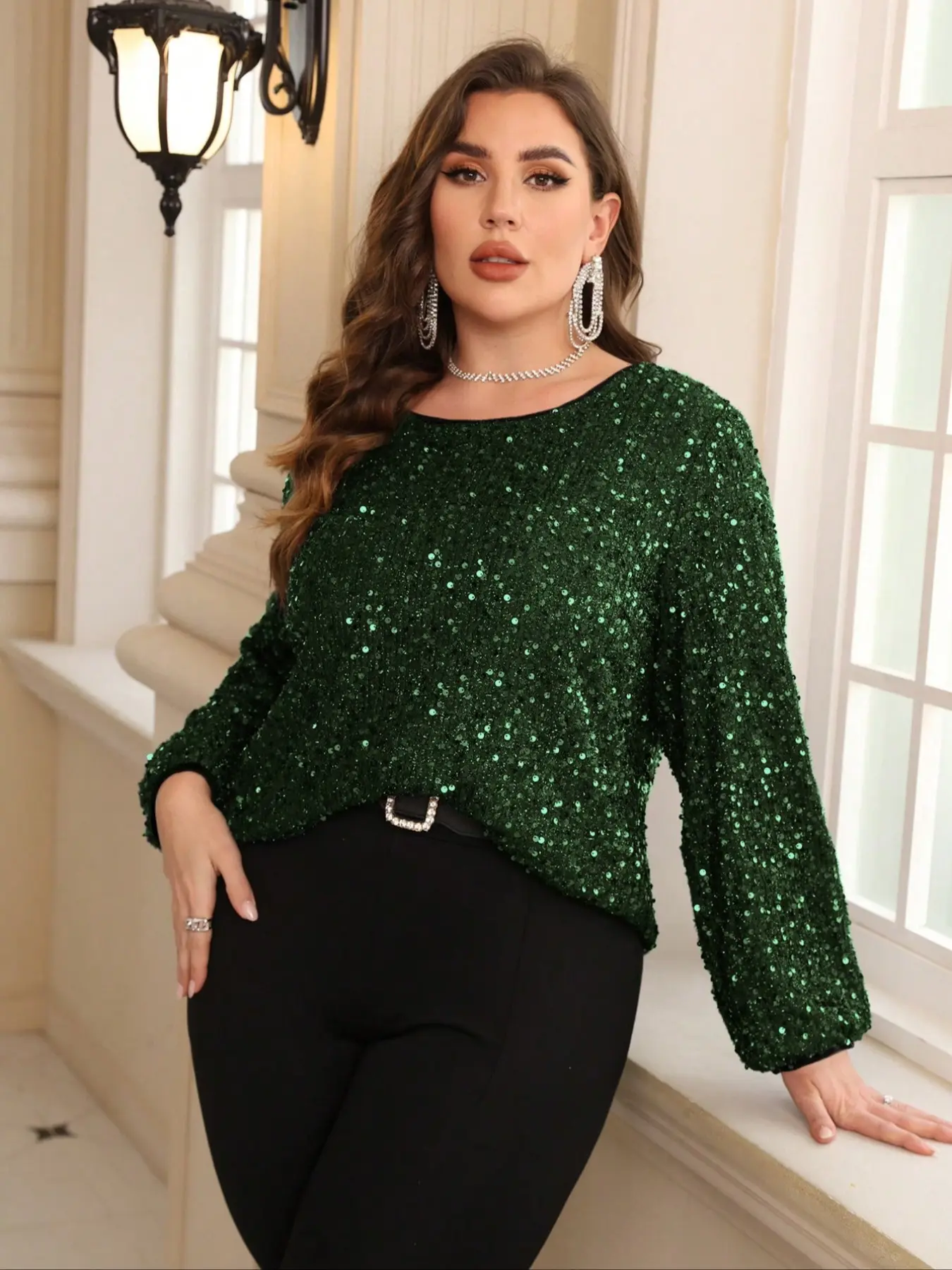 Plus Size Women's Sequin Shimmer Round Neck Shirt Blouse, Womenswear, Casual Elegance Long Sleeve Crop Top, Fall Winter Holiday Party Wear, Daily Wear, Everyday, Date Night, Chic, Elegant