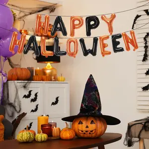16 Inches Black and Orange 'HAPPY HALLOWEEN' Letter Balloons Banner - Mylar Foil Alphabet Balloons for Halloween Decorations, Spooky Celebrations, Haunted House, and Trick-or-Treat Party Supplies
